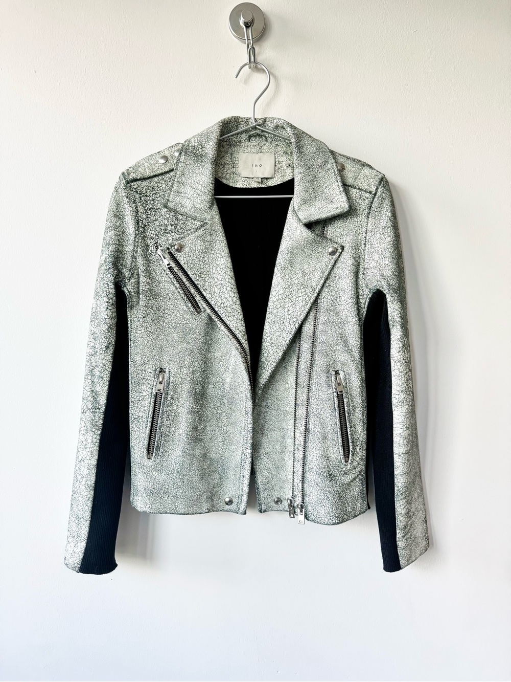 IRO ‘Ilaria’ Cracked Leather Biker Jacket with Knit Side Panels - Size 10US